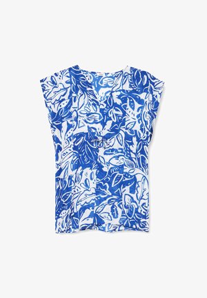 Blauw en wit top met een natuur geïnspireerd bladenpatroon, korte mouwen, V-hals en een losse, relaxte pasvorm. Katoenen materiaal.