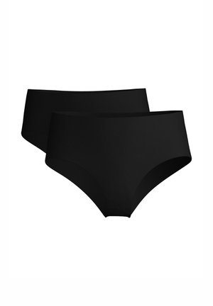 Twee effen zwarte dames slips in brief-stijl met een glad, naadloos ontwerp, getoond tegen een witte achtergrond.