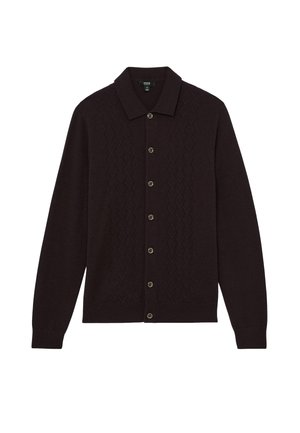 Tumši brūns tamborēts kardigans ar fakturētu dimanta rakstu, pogu aizdari un apkakli. Garas piedurknes ar ribotu apmali.