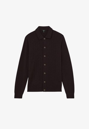 Tumši brūns tamborēts kardigans ar fakturētu dimanta rakstu, pogu aizdari un apkakli. Garas piedurknes ar ribotu apmali.