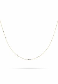 Zarte, dünne Goldkette mit kleinen, eng verbundenen rechteckigen Segmenten vor einem weißen Hintergrund.