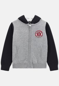 Felpa grigia e nera con zip, cappuccio, polsini e orlo a costine. Presenta una toppa ricamata rotonda sul petto. Morbido tessuto.
