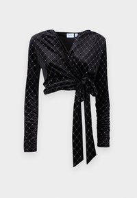 Μαύρο μπλουζάκι τύπου wrap από βελούδο με μακριά μανίκια, που διαθέτει διαμαντένιο μοτίβο σε ασημί, ολοκληρωμένο με βαμβακερή λεπτομέρεια κόμπου στη μέση.