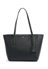 Borsa tote nera realizzata in finta pelle testurizzata, con hardware color oro, doppie spalline e un piccolo tag attaccato.