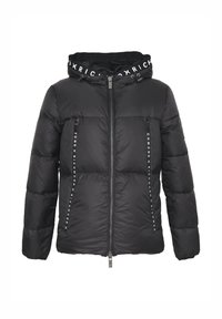 Giubbotto puffer nero con zip frontale, cappuccio e due tasche con zip. Presenta il testo del marchio in verticale sulle tasche e dettagli a costine.