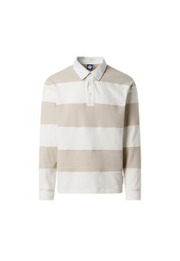 Langärmliges Poloshirt mit breiten horizontalen beigen und weißen Streifen, ausgestattet mit einem weißen Kragen und einer Knopfleiste mit zwei Knöpfen.