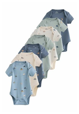 Seven short-sleeve baby bodysuits in blue, beige, and green shades with animal and vehicle patterns, arranged in a staggered stack.