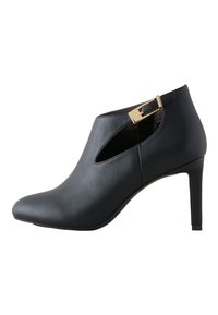 Black leather ankle boots with a pointed toe, open side cutouts, and a gold buckle accent on the ankle strap. Stiletto heel design.
