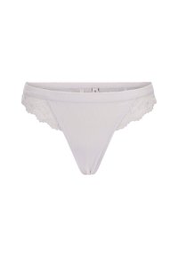 Perizoma bianco con texture a righe e rifiniture in pizzo floreale sui lati. Presenta un elastico morbido in vita con il marchio.