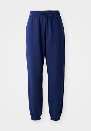 Dunkelblaue Sweatpants aus weichem Material, mit einem elastischen Bund und Kordelzug, elastischen Bündchen und einem kleinen weißen Logo.