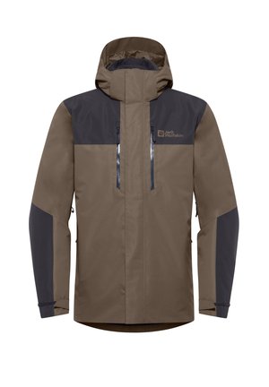 Giacca impermeabile marrone e grigio scuro con colletto alto, tasche con doppia zip, polsini regolabili e texture sintetica liscia.