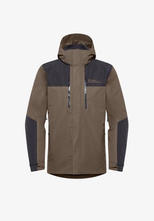 Giacca impermeabile marrone e grigio scuro con colletto alto, tasche con doppia zip, polsini regolabili e texture sintetica liscia.