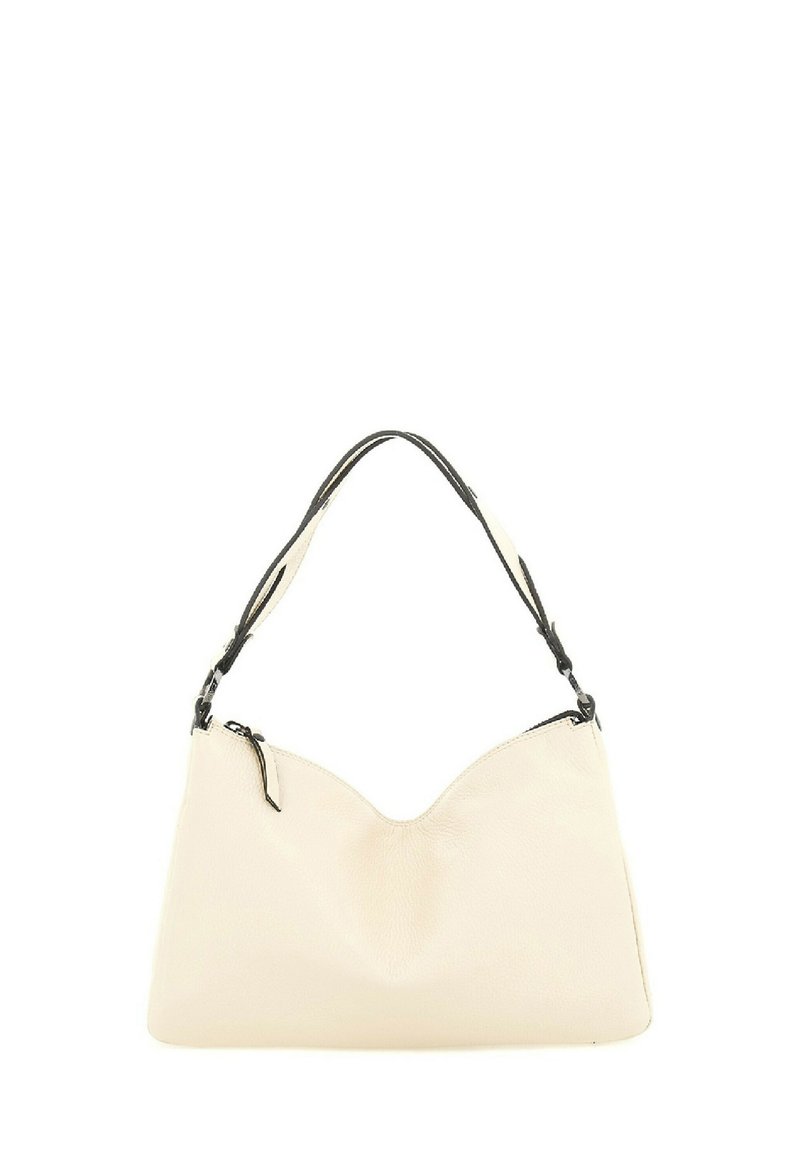 Borsa in pelle color crema con texture liscia, parte superiore curva e doppi manici neri. Presenta una chiusura con zip e un piccolo tirante.