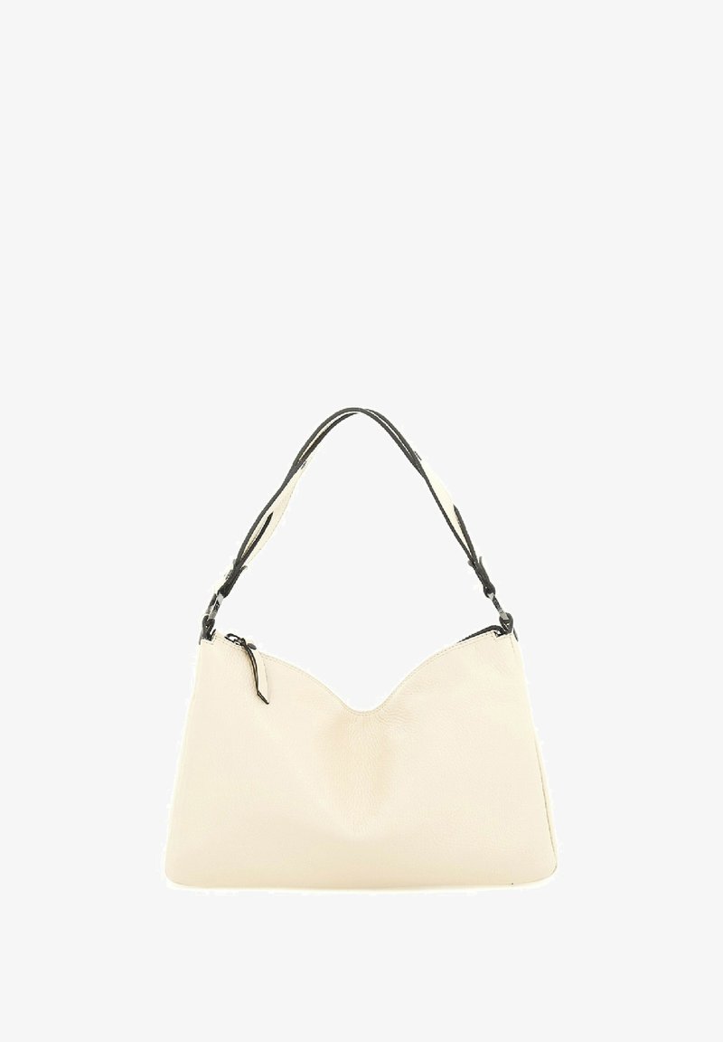 Borsa in pelle color crema con texture liscia, parte superiore curva e doppi manici neri. Presenta una chiusura con zip e un piccolo tirante.