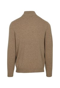 Beige pullover trui met een hoge kraag, lichtgewicht stof, lange mouwen en een gladde textuur. Geen zichtbare patronen of accenten.
