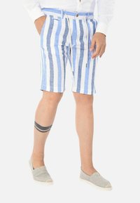 Pantaloni corti a righe in blu chiaro e scuro con vita regolabile tramite cordoncino, dotati di tasche laterali. Indossati con mocassini grigi chiari.