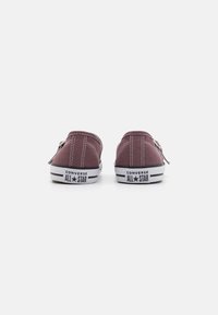 Fioletowe trampki na płóciennym materiale z białymi gumowymi podeszwami, z przeszytymi akcentami i logo 'Converse All Star' na pięcie. Zaprezentowany widok z tyłu.
