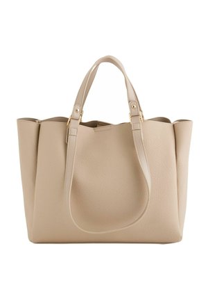 Beige Leder-Shopper mit zwei Schulterriemen und strukturierter Oberfläche, mit einem geräumigen, offenen Oberteil gestaltet.
