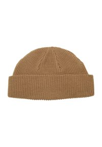 Knit beanie in a warm brown color, featuring a ribbed texture with a folded cuff and curved crown design.