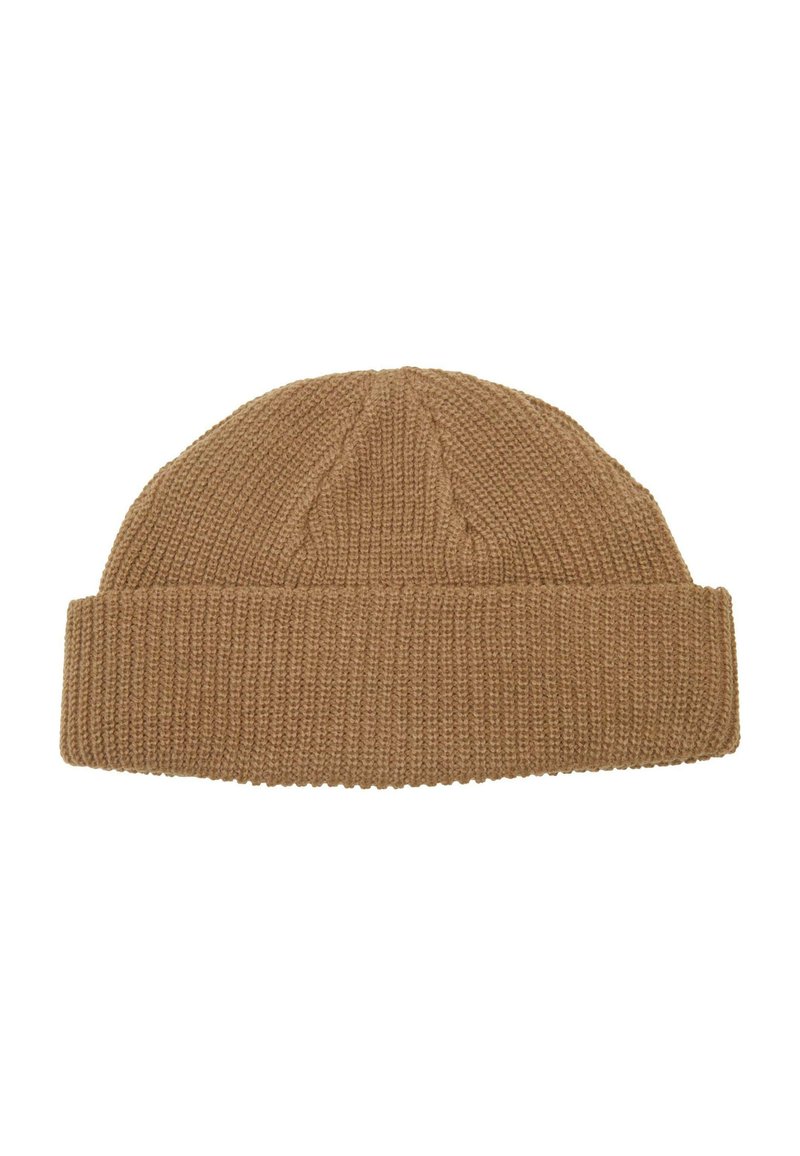 Knit beanie in a warm brown color, featuring a ribbed texture with a folded cuff and curved crown design.
