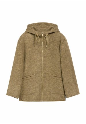 Brązowa wełniana kurtka z kapturem w połączeniu z innymi włóknami, ze złotym zamkiem błyskawicznym, dwoma przednimi kieszeniami i luźnym krojem. Gładka tekstura oraz podkreślające sznurki.