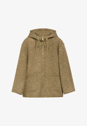 Brązowa wełniana kurtka z kapturem w połączeniu z innymi włóknami, ze złotym zamkiem błyskawicznym, dwoma przednimi kieszeniami i luźnym krojem. Gładka tekstura oraz podkreślające sznurki.