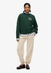 Felpa di cotone verde con colletto tondo e logo grafico, indossata sopra una camicia a righe, abbinata a pantaloni sportivi beige e scarpe scure.