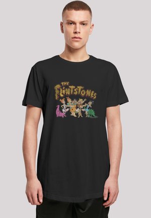 Black cotton t-shirt featuring a colorful graphic of "The Flintstones" characters in a cartoon style. Crew neck and short sleeves.