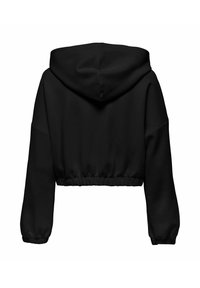 Sweat à capuche noir coupé avec cordon de serrage, coupe ample, poignets et taille côtelés. Texture de tissu lisse sans motifs ni accents visibles.