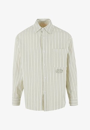 Heled roheline ja valge triibuline särk, millel on nupuvajutusega eesmine osa, rinnatasku ja vasakul pool üles õmmeldud logo. Puuvillane materjal, pikad varrukad.