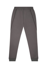 Pantalones de chándal grises con cintura elástica, bolsillos laterales y perneras ajustadas. Hechos de un tejido suave, con detalles de costura en contraste.