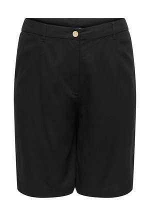 Sorte shorts i mellem længde med knaplukning, bæltestropper og en skræddersyet pasform, synlig fra fronten.