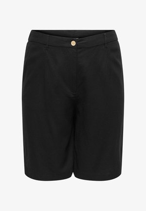 Shorts noirs mi-longueurs avec une fermeture à bouton, des passants pour ceinture et une coupe ajustée visible de face.