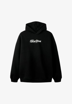 Felpa nera con vestibilità rilassata, caratterizzata da una grafica frontale in scritta bianca. Realizzata in tessuto morbido con cappuccio regolabile tramite coulisse e polsini a costine.