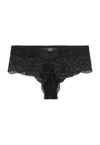 Culotte en dentelle noire avec motifs floraux, bords festonnés et un petit accent en métal à l'arrière. Texture douce et transparente.