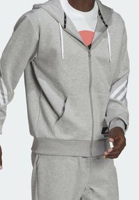 Felpa con cappuccio grigia con zip in morbido tessuto, caratterizzata da strisce bianche sulle maniche, coulisse e un'etichetta logo sull'orlo. Tasche frontali.