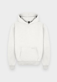 Sweat-shirt à capuche gris clair avec poche avant et poignets côtelés, présenté sur un fond uni.