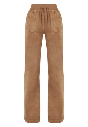 Joggers in tessuto morbido marrone con vita elastica larga e cordoncino. Presentano due tasche frontali e un taglio dritto.