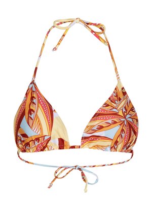 Triangle bikinitop med orange, gule og blå abstrakte bladmønstre, med halterneck og bindebånd bagpå.