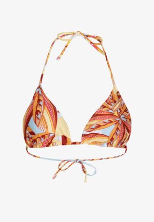 Triangle bikini top with orange, yellow, and blue abstract leaf patterns, featuring halter neck and back ties.