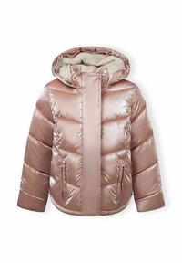 Giacca a vento imbottita in nylon lucido rosa chiaro con cappuccio rifinito in bianco peloso, chiusura con zip sul davanti e due tasche frontali. Design trapuntato per isolamento.