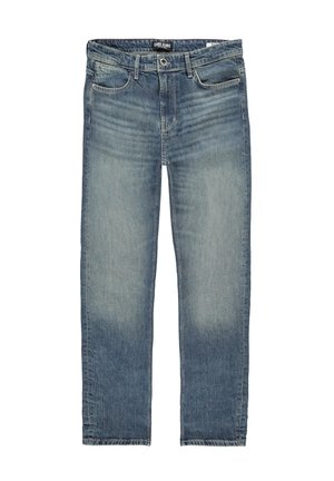 Lichtblauwe denim jeans met een rechte snit, voorzien van subtiele vervaging, vijf zakken en een knoopsluiting in de taille.