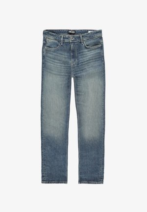 Lichtblauwe denim jeans met een rechte snit, voorzien van subtiele vervaging, vijf zakken en een knoopsluiting in de taille.