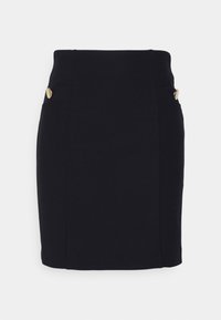 Jupe crayon noire en tissu structuré, dotée d'une taille haute, de deux poches avant et d'accents de boutons dorés sur chaque poche.