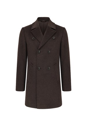 Brązowy dwurzędowy płaszcz wełniany z klapami z wycięciem, dwoma bocznymi kieszeniami i sześcioma czarnymi guzikami. Gładka faktura i dopasowany krój.