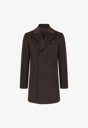 Brązowy dwurzędowy płaszcz wełniany z klapami z wycięciem, dwoma bocznymi kieszeniami i sześcioma czarnymi guzikami. Gładka faktura i dopasowany krój.