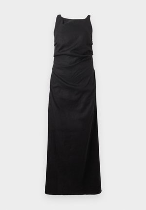 Black sleeveless dress with a scoop neckline. Made of smooth fabric, featuring ruched detailing and a straight maxi length design.