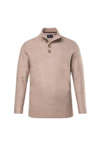 Beige pletený svetr s texturovaným vzorem, žebrovanými manžetami a lemem a třemi knoflíky z želvoviny na límci.