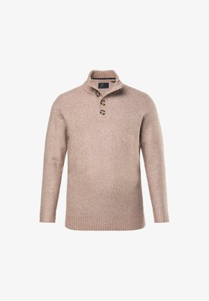 Beige Strickpullover mit strukturiertem Muster, gerippten Bündchen und Saum sowie drei Schildpattknöpfen am Kragen.