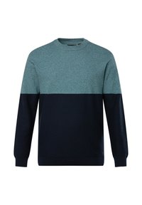 Pullover im zweifarbigen Design: oberer Teil teal meliert gestrickt, unterer Teil in einfarbigem Marineblau mit gerippten Bündchen und Rundhalsausschnitt. Glatte Textur.